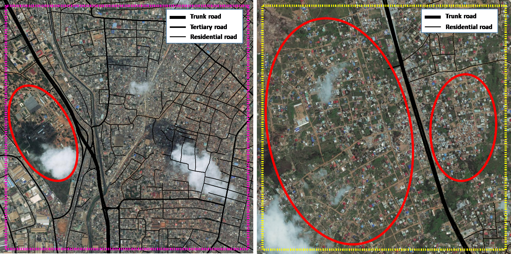  (a) Accra Metropolis district - an urban district, and (b) Ga West Municipal district - a semi-urban district. The oval shapes indicate areas where streets are missing.